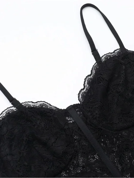 New Black Lace Bustier Jumpsuit cat suit corset m lite flare leg pants outfit - Picture 4 of 5